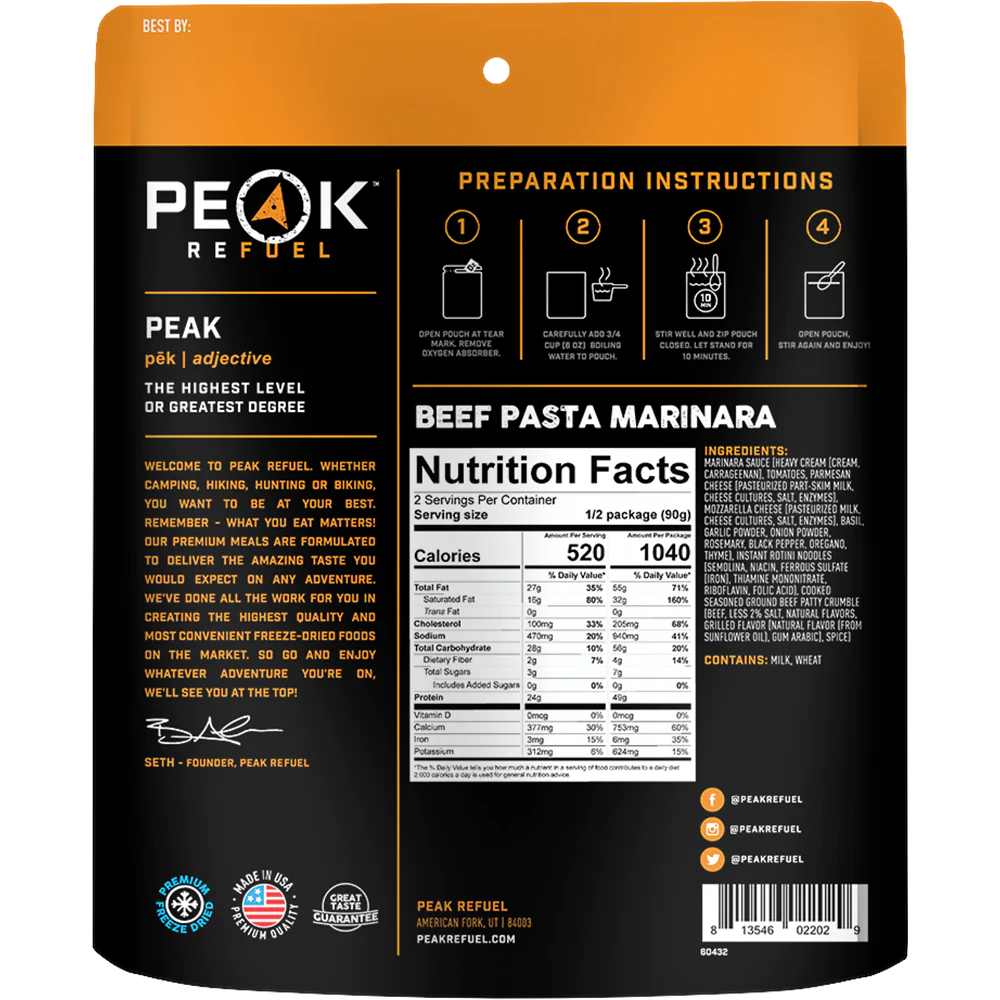 PEAK - Refuel Repas lyophilisés - Pâtes au bœuf marinara