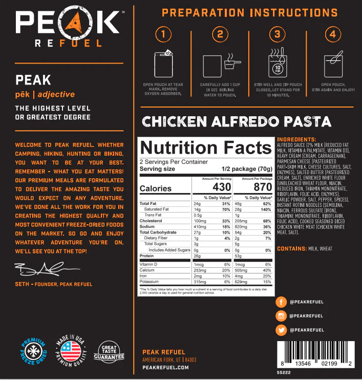 PEAK - Refuel Freeze-Dried Meals - Chicken Alfredo Pasta