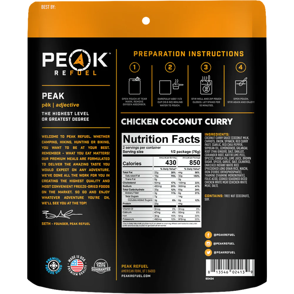 PEAK - Refuel Freeze-Dried Meals - Chicken Coconut Curry