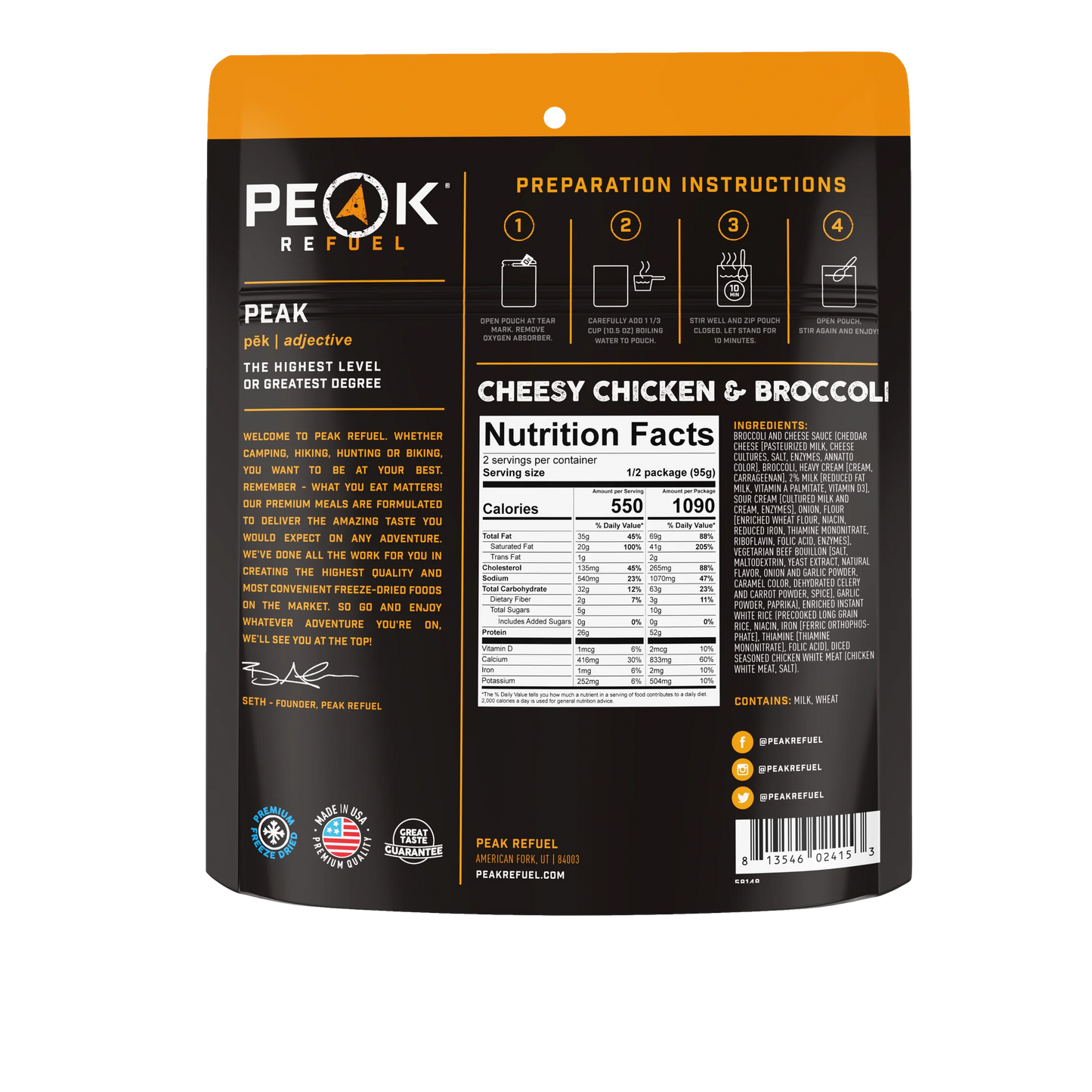 PEAK - Refuel Freeze-Dried Meals - Cheesy Chicken & Broccoli