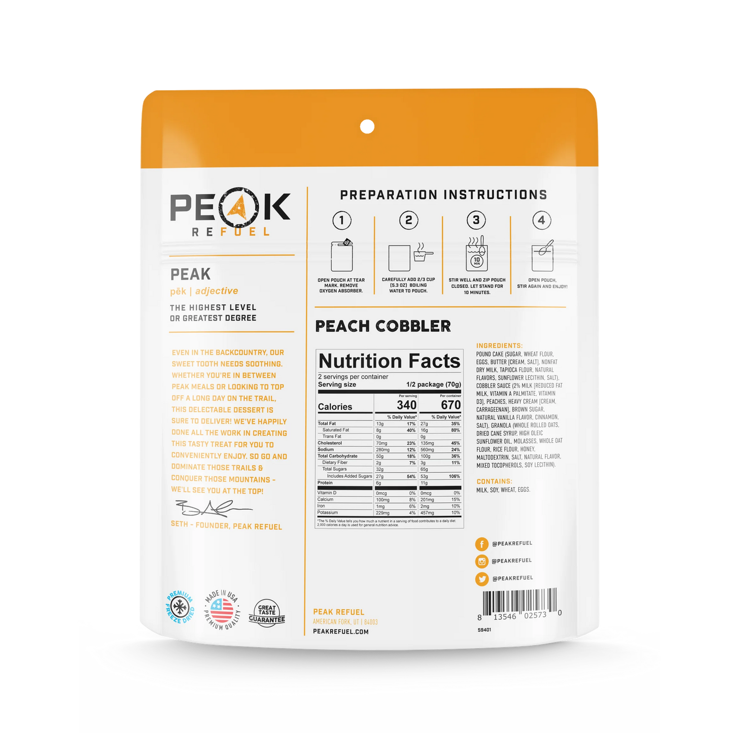 PEAK - Refuel Freeze-Dried Meals - Peach Cobbler